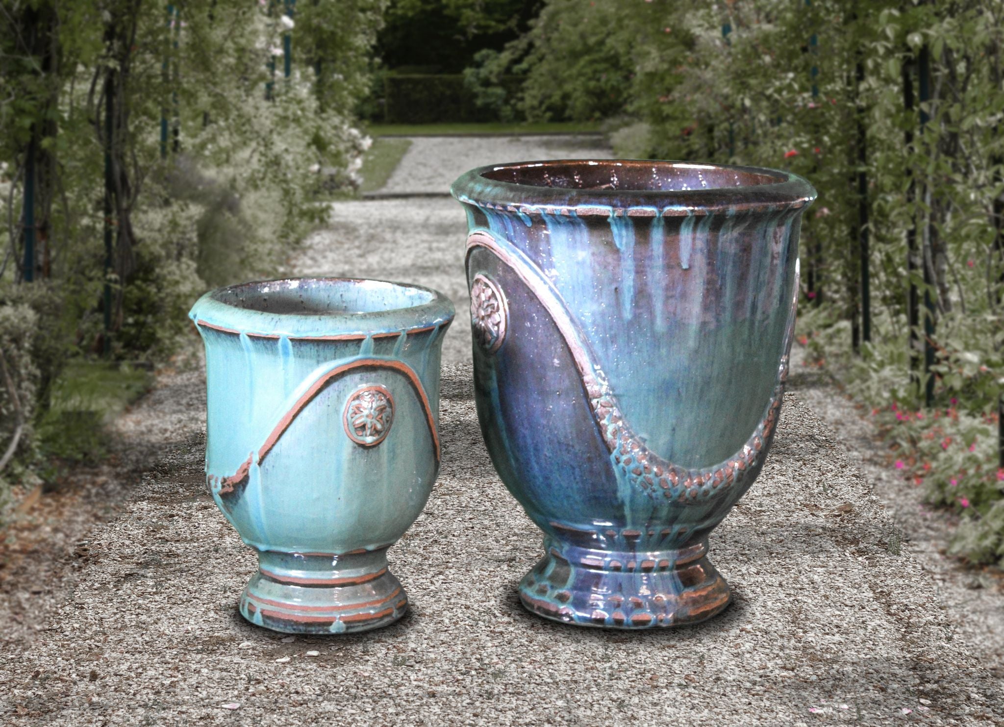 ANTIQUE_TURQUOISE_ROSETTE_URN_SET_OF_2 - Cast Stone International 