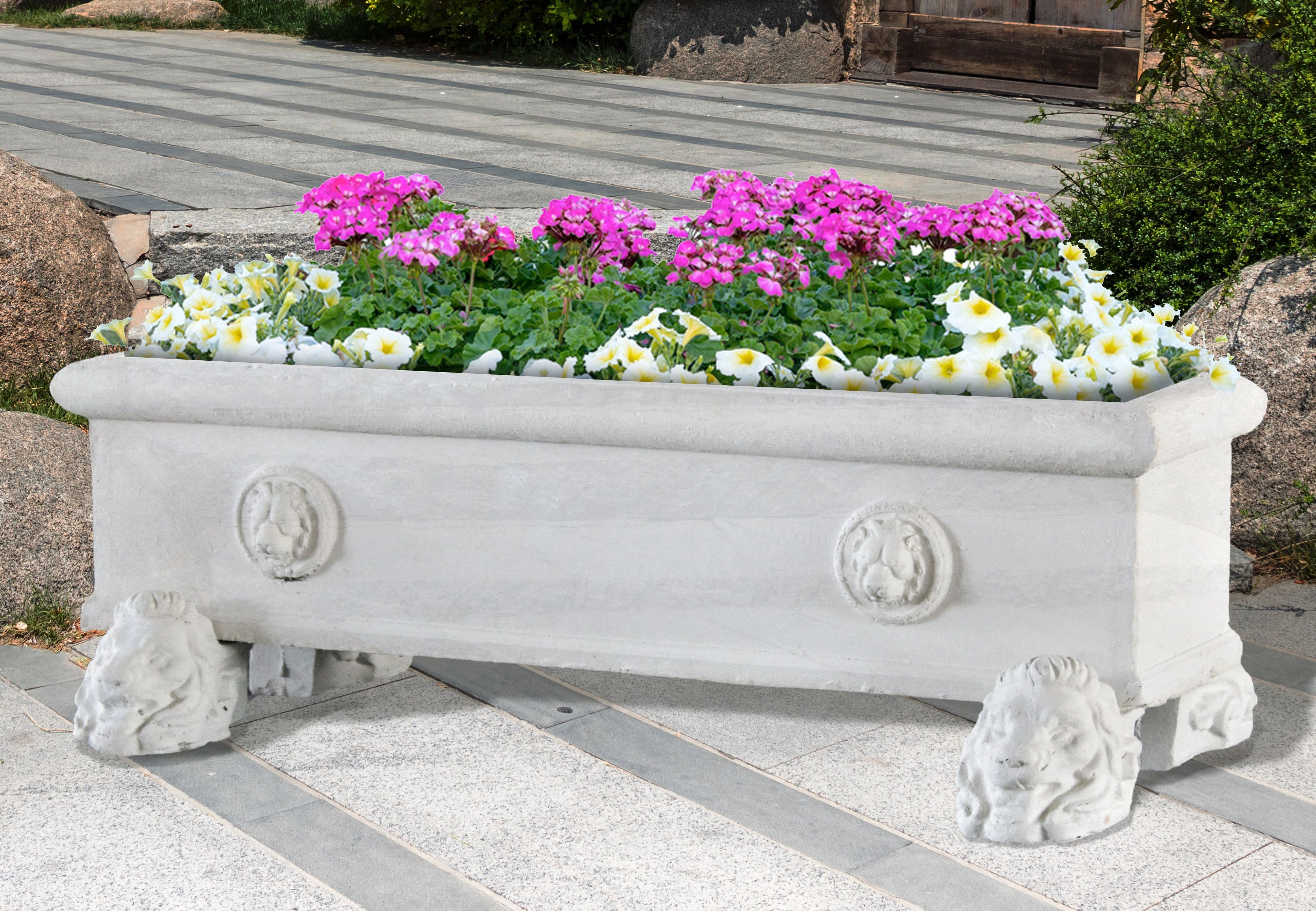 BULLNOSE_RECT._PLANTER_WITH_LION_FACES_48 - Cast Stone International 