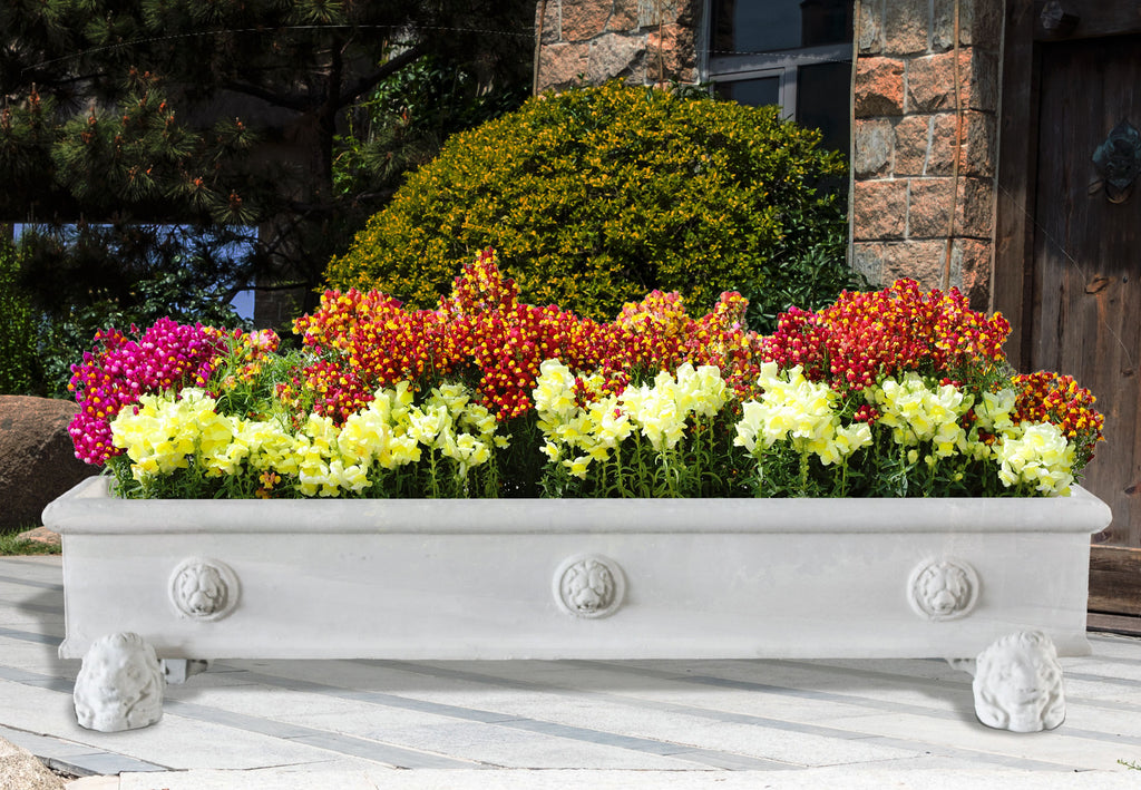 BULLNOSE_RECT._PLANTER_WITH_LION_FACES_72I_INCH - Cast Stone International 
