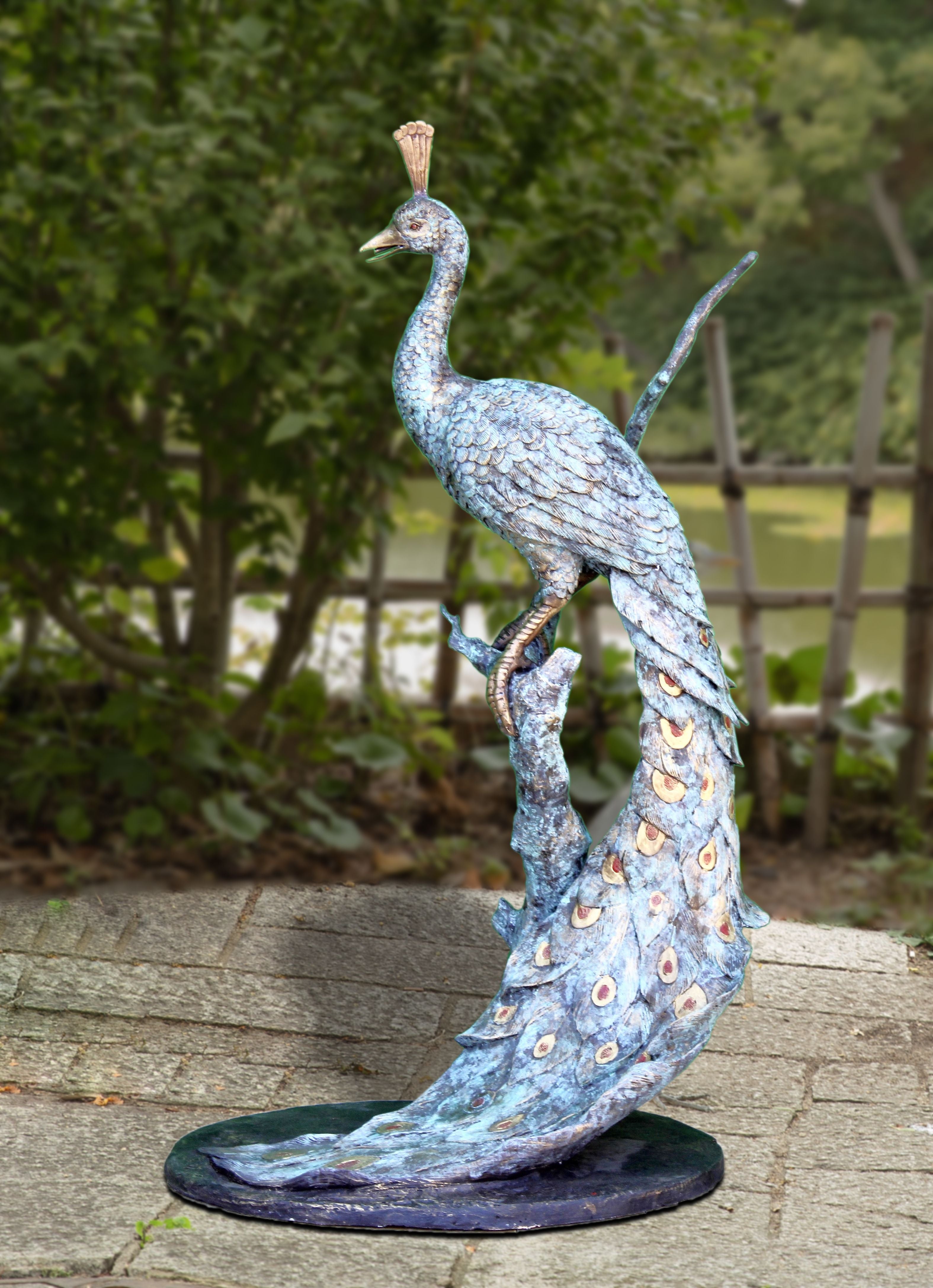 ELEGANT_PEACOCK_BRONZE_STATUE - Cast Stone International 