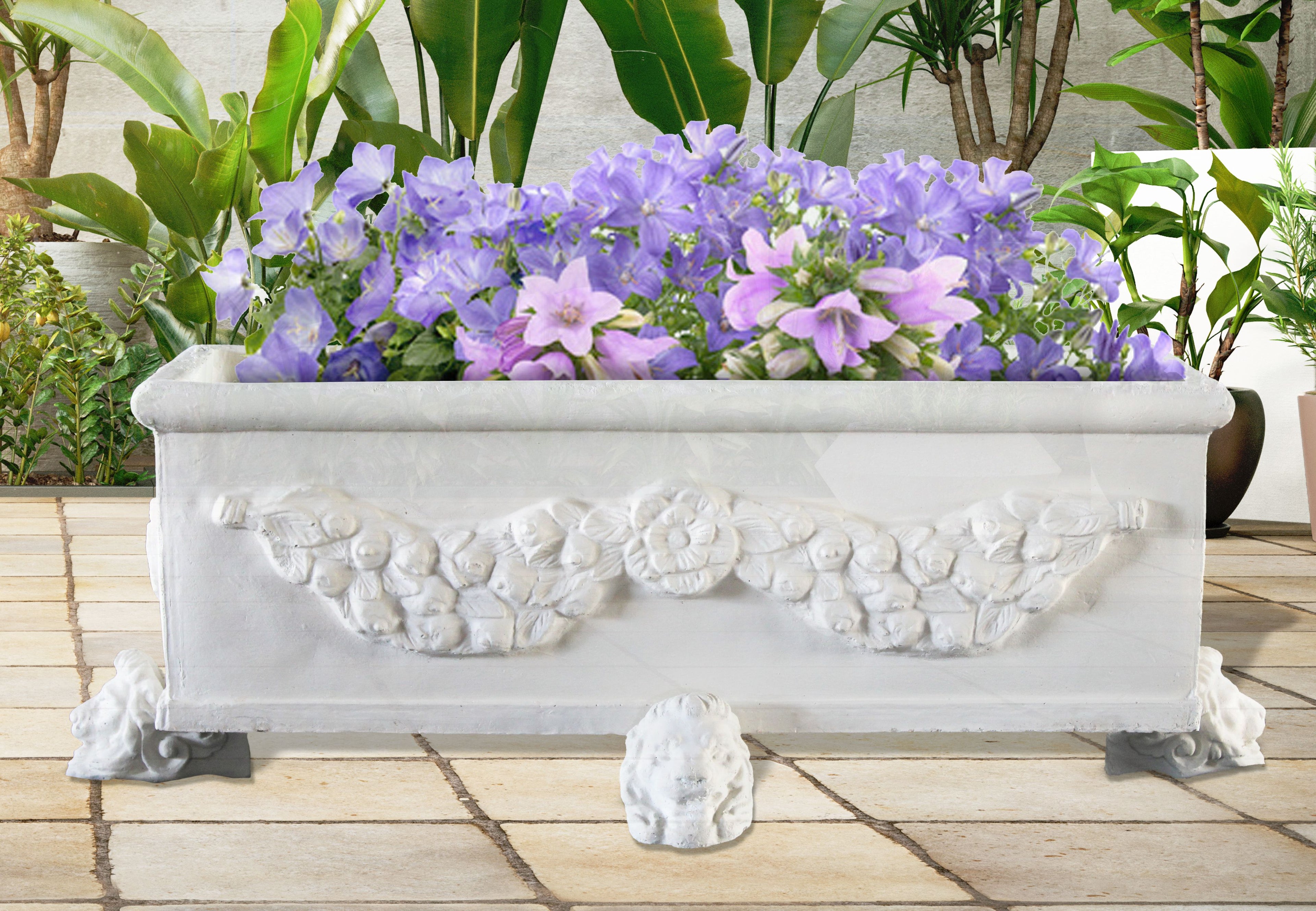 RECTANGULAR_GARLAND_PLANTER_WITH_LION_FEET_SUPPORT - Cast Stone International 